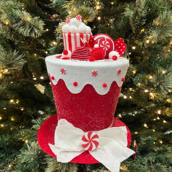 Christmas Sugared Peppermint Red White Top Hat Tree Topper Table Decor 13" New - Picture 1 of 5